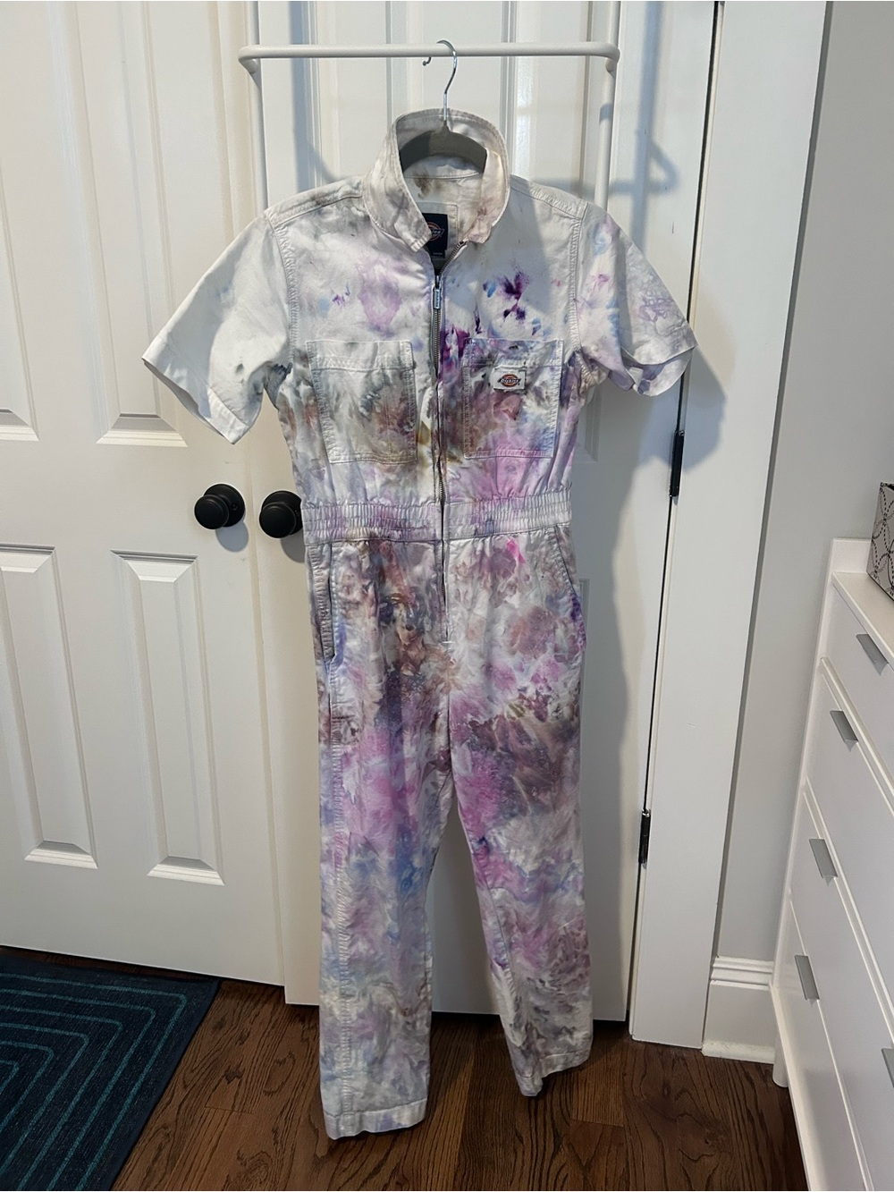 Dickies White Tie-Dye Short-Sleeve Coverall Jumpsuit with Purple Accents